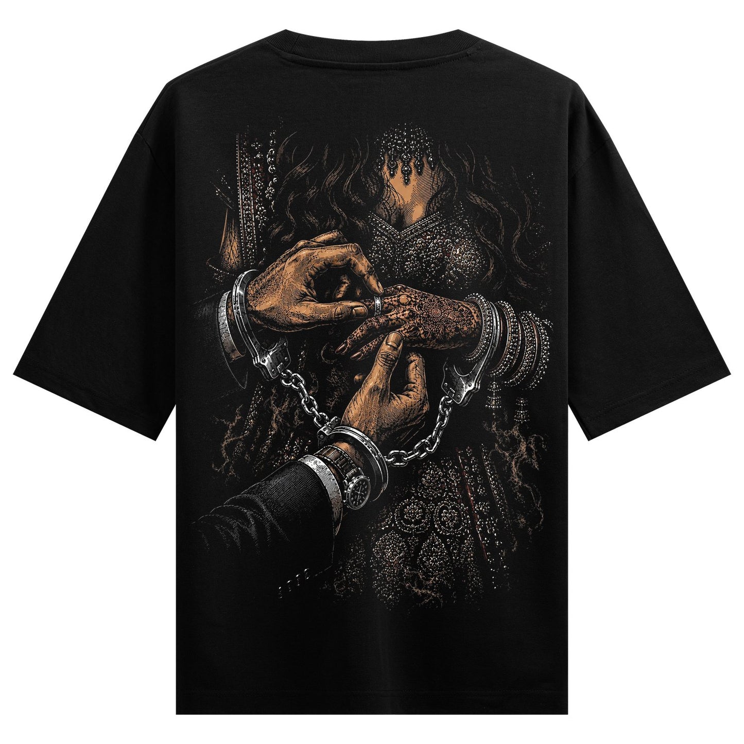 Bound Together Oversized T-Shirt by PRDGY — intricate artwork of hands adorned with jewelry and chains, streetwear design