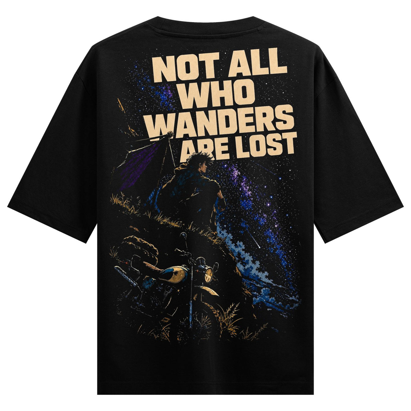 A black t-shirt back print features a figure on a motorcycle against a starry sky with text above on PRDGY oversized t-shirt