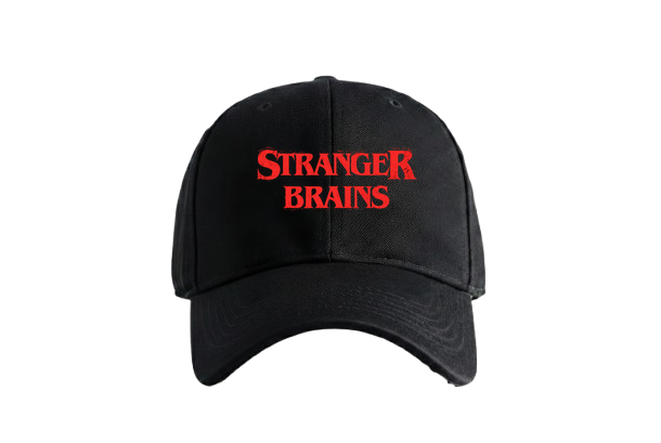 Stranger Brains Cap — bold red text reading 'STRANGER BRAINS' in a stylized font centered on the chest