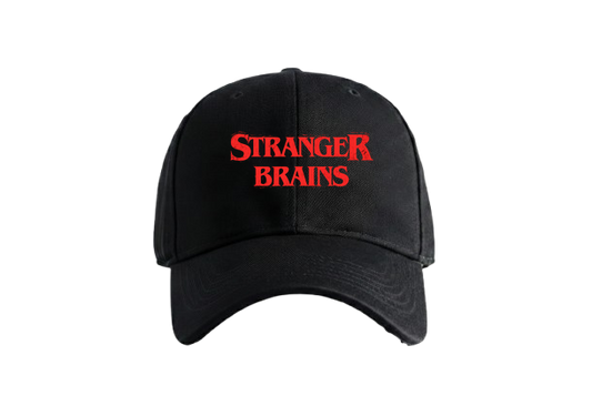 Stranger Brains Cap — bold red text reading 'STRANGER BRAINS' in a stylized font centered on the chest
