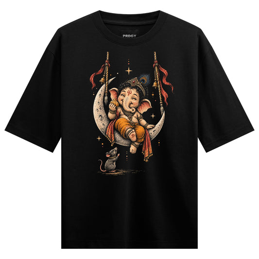 A cartoonish Ganesha sits on a crescent moon holding a flower with a mouse below and bells hanging from ropes on PRDGY ove...