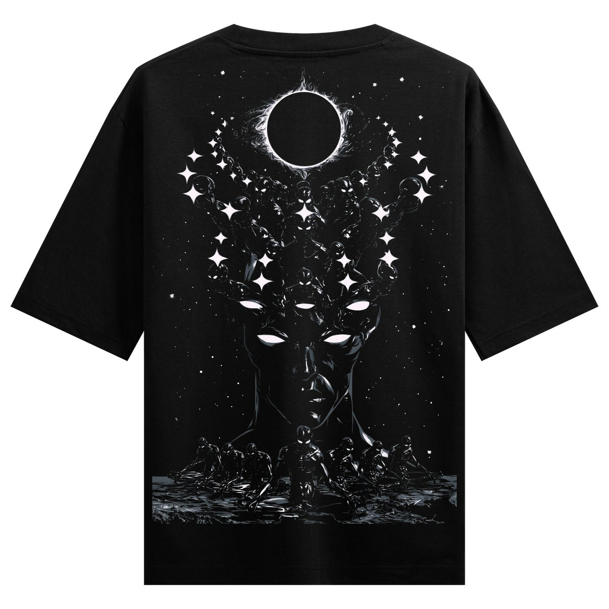 chandra grahan Oversized T-Shirt — a white graphic of a human head with glowing eyes, topped by an eclipse