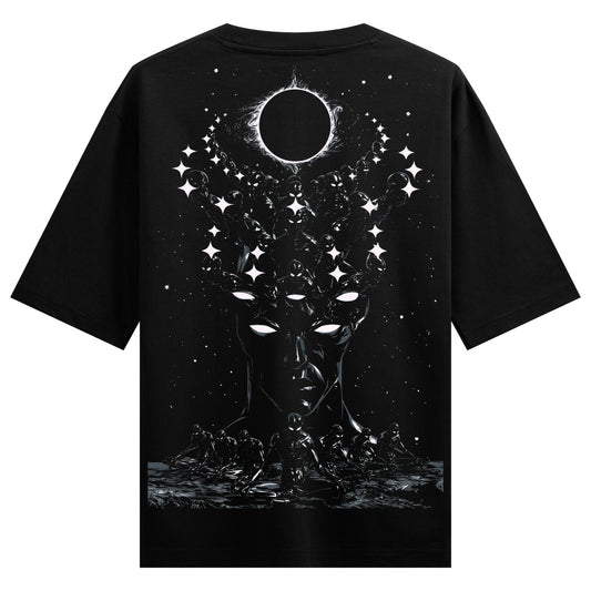 chandra grahan Oversized T-Shirt — a white graphic of a human head with glowing eyes, topped by an eclipse