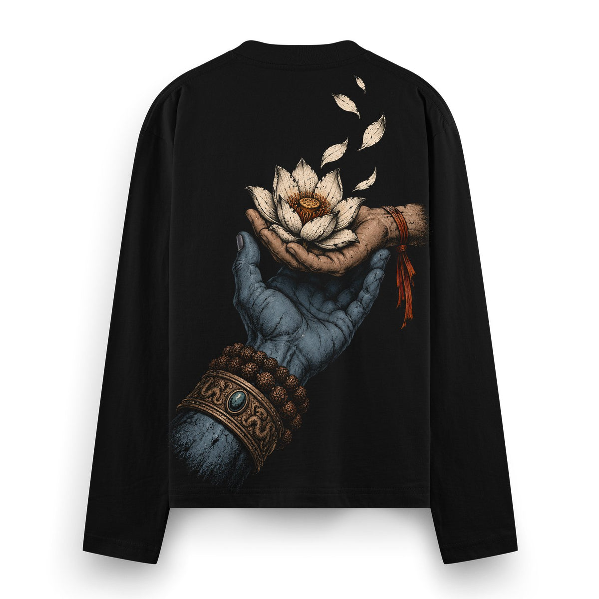 Shiv ka Sath Oversized Full Sleeve T-Shirt — a blue hand holding a white lotus flower with petals falling, adorned