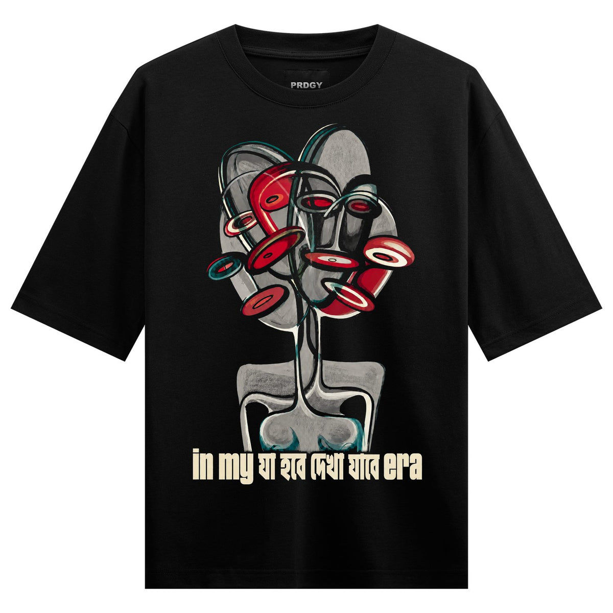 Dekha Jabe State Oversized T-Shirt by PRDGY — abstract depiction of Shiva with red eyes and discs, humour design