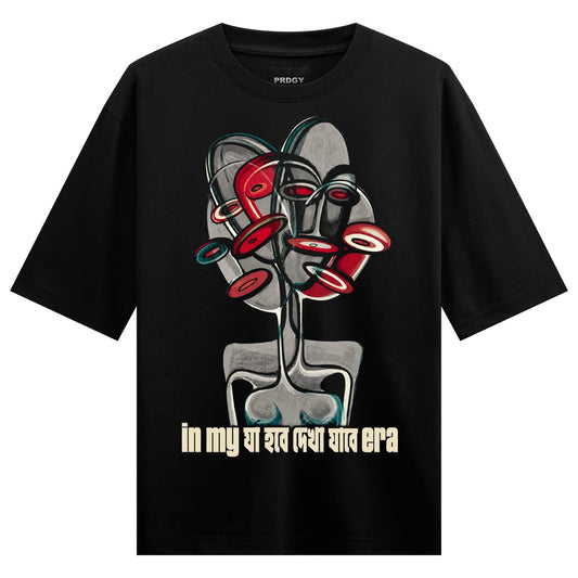 Dekha Jabe State Oversized T-Shirt by PRDGY — abstract depiction of Shiva with red eyes and discs, humour design