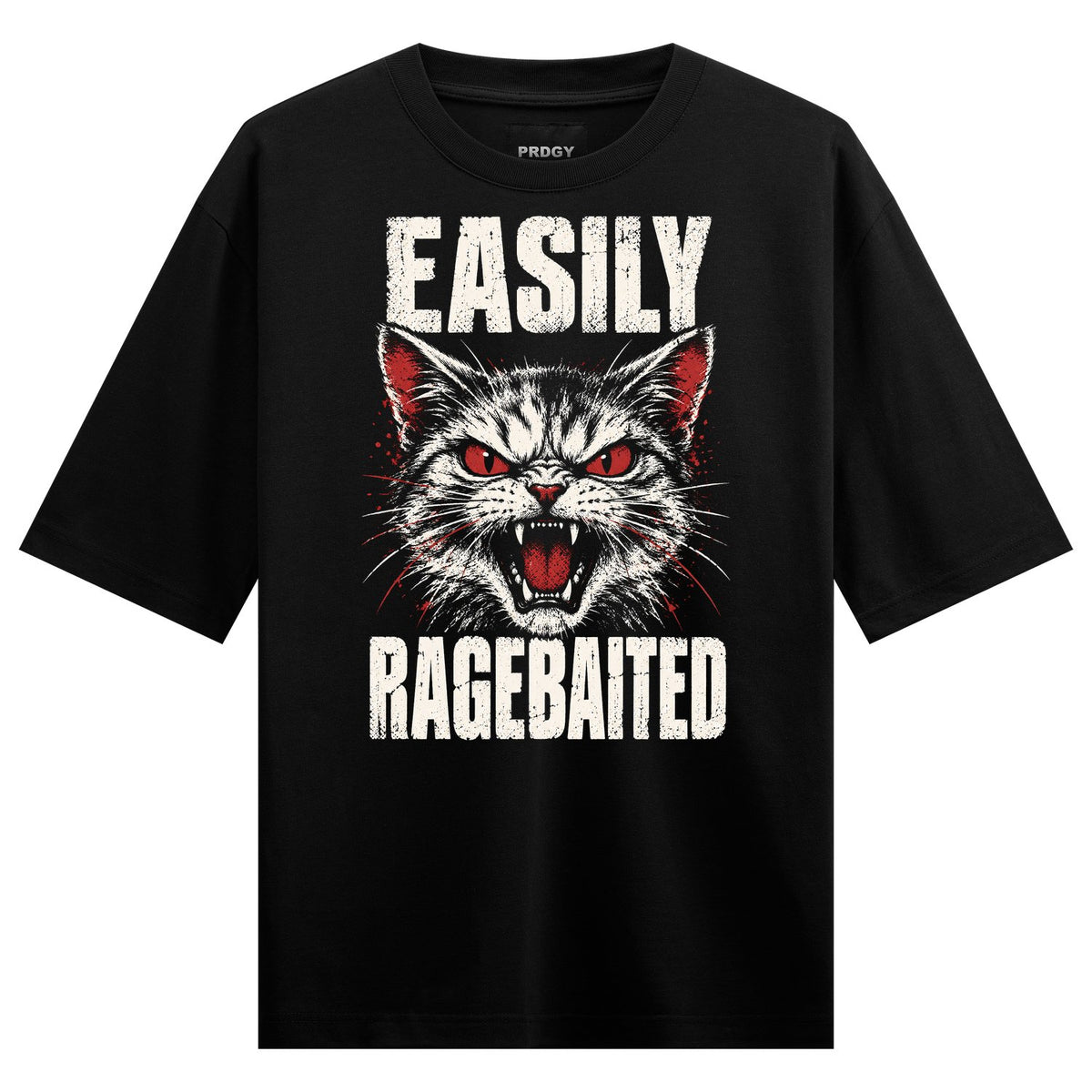 Ragebait Cat Oversized T-Shirt — Black t-shirt with white distressed text and a detailed angry cat face with red eyes