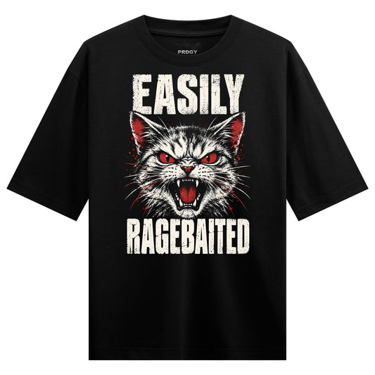Ragebait Cat Oversized T-Shirt — Black t-shirt with white distressed text and a detailed angry cat face with red eyes