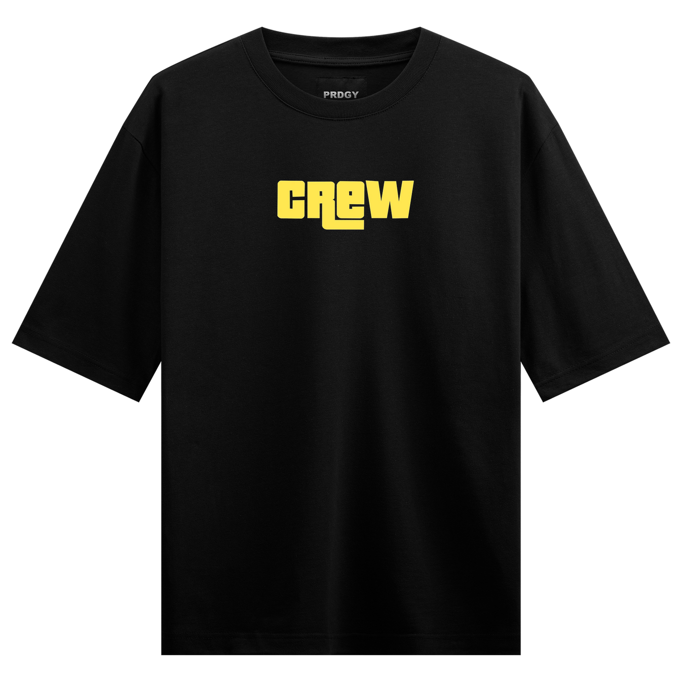Bold Crew T-Shirt by PRDGY — black tee with bold yellow 'CREW' text, typography design