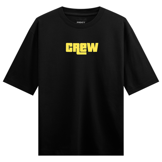 Bold Crew T-Shirt by PRDGY — black tee with bold yellow 'CREW' text, typography design