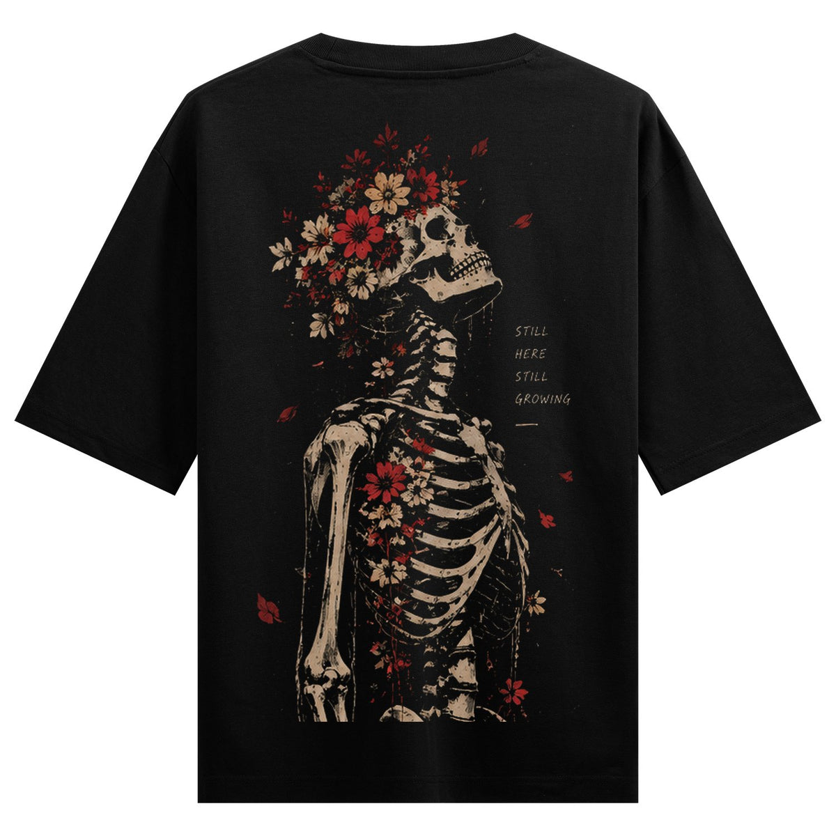 Floral Skeleton Oversized T-Shirt — a detailed illustration of a skeleton with a floral arrangement on its head