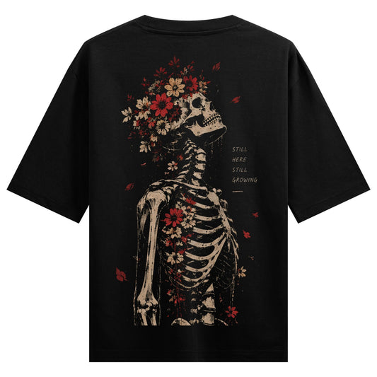 Floral Skeleton Oversized T-Shirt — a detailed illustration of a skeleton with a floral arrangement on its head