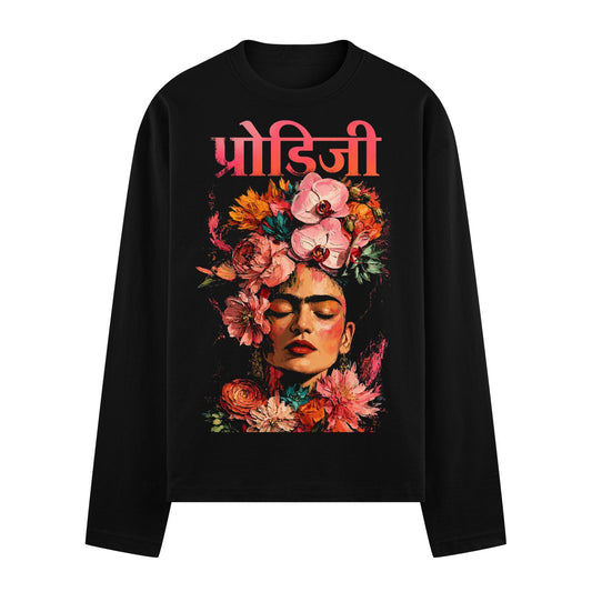 A black t-shirt features a colorful illustration of Frida Kahlo s face with a large floral headdress in vibrant pinks oran...