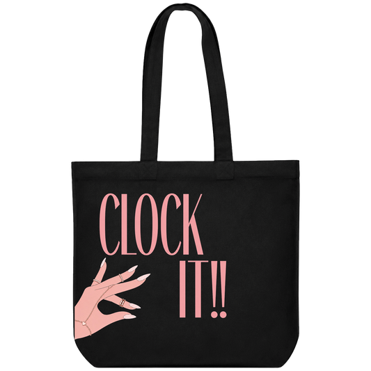Black tote bag with pink text reading CLOCK IT and a pink illustrated hand with rings and long nails on PRDGY tote bag