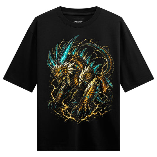 A fierce dragon with golden scales and glowing blue spikes is surrounded by yellow lightning bolts on a black t-shirt on P...