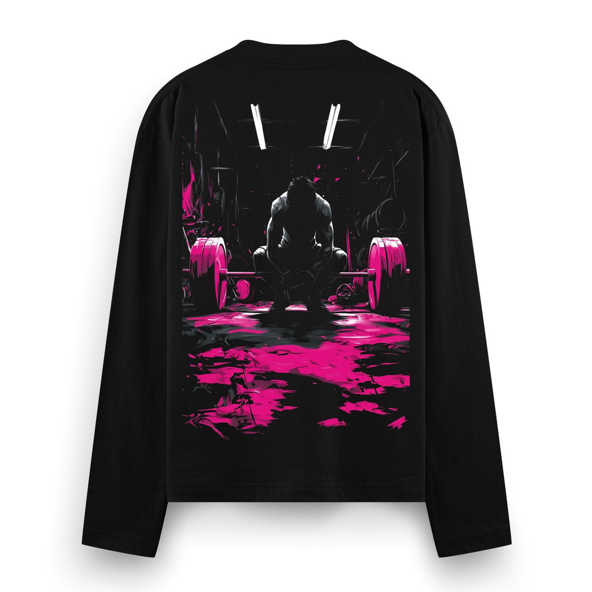 Pink Blood Sweat Oversized Full Sleeve T-Shirt — a weightlifter silhouette crouching over a barbell with pink liquid