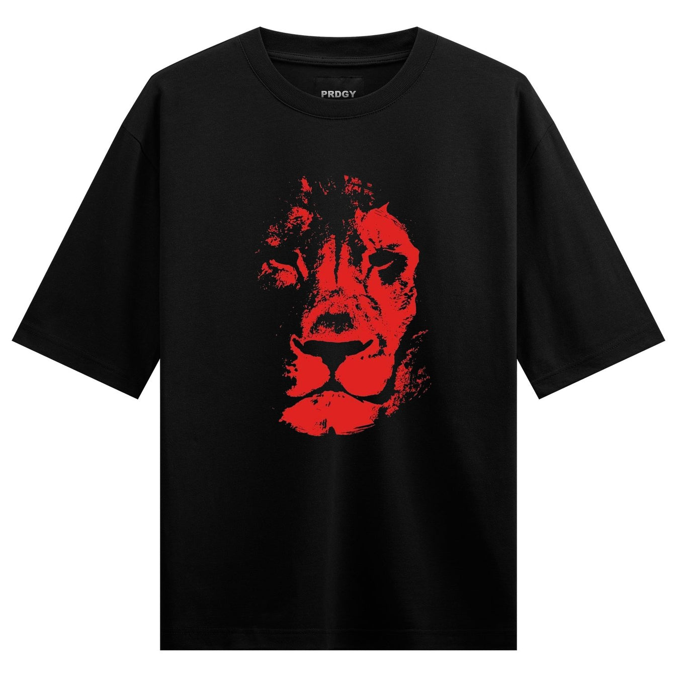 A bold red lion face with textured brush strokes is printed on a black t-shirt with the brand name PRDGY visible on the co...