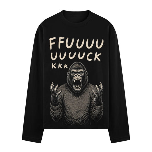 A distressed black t-shirt featuring a screaming gorilla in a sweater with raised hands and text above on PRDGY oversized...