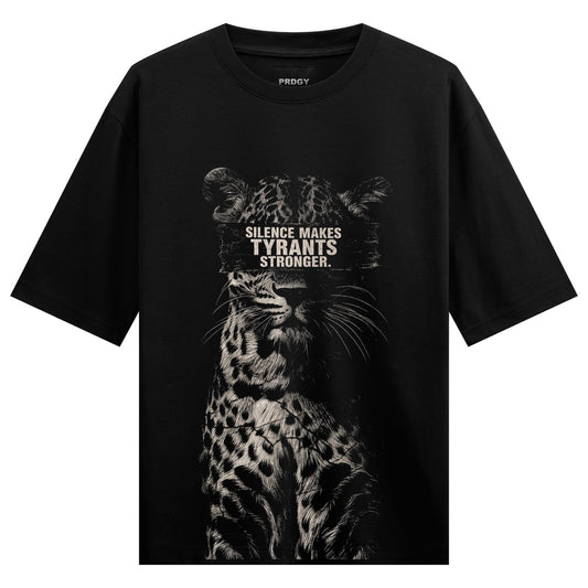 A black and white illustration of a leopard with its eyes covered by a textured band featuring text on PRDGY oversized t-s...