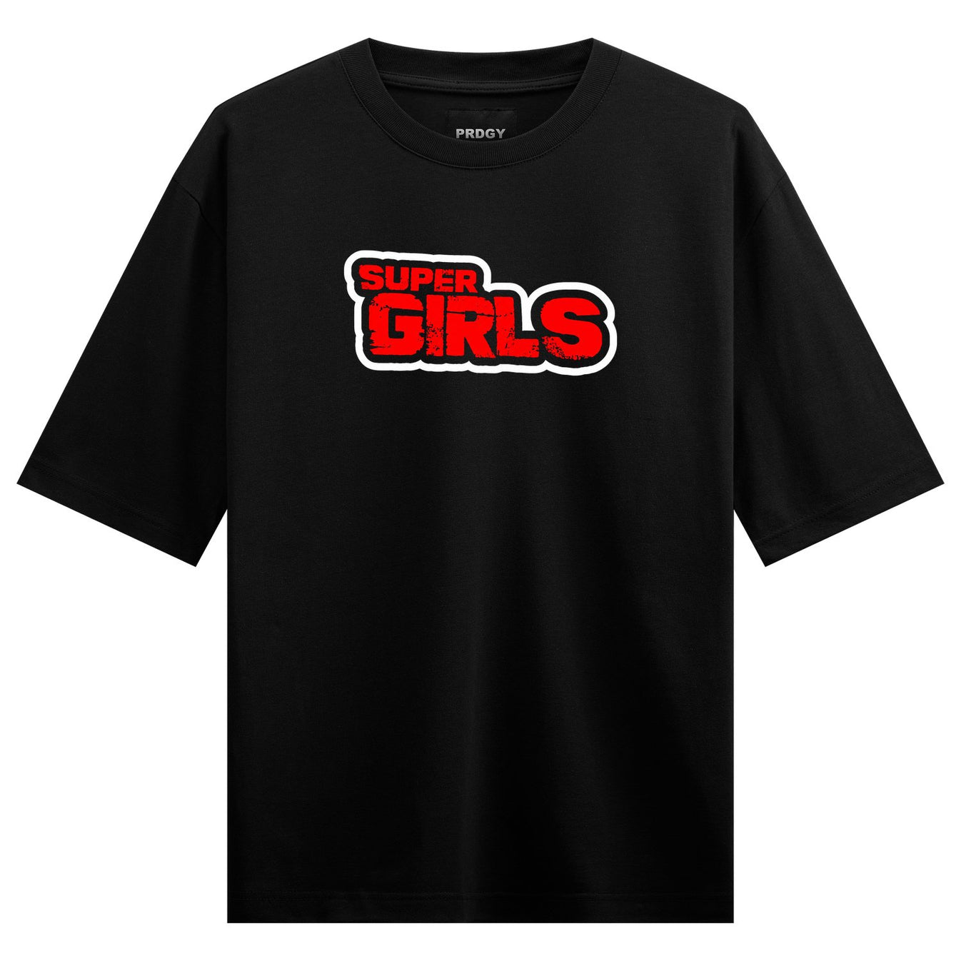 A black t-shirt features the words SUPER in smaller red text above GIRLS in large bold red stylized letters all with a thi...