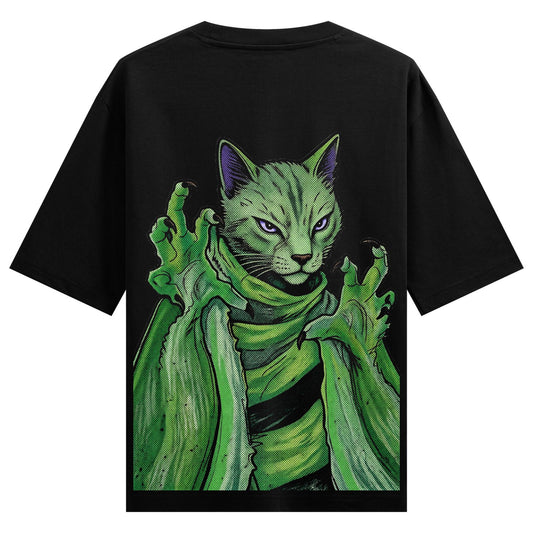 Jangli Billi Oversized T-Shirt by PRDGY — a green cat with purple eyes and sharp claws on a black background, animal print