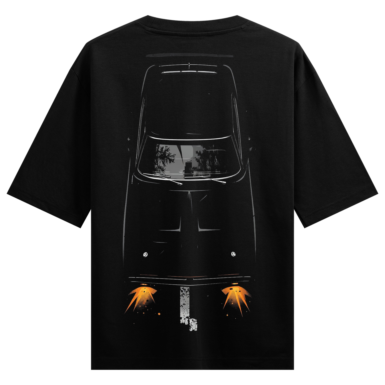 Guiding lights T-Shirt by PRDGY — top-down view of a classic muscle car with glowing orange headlights, retro design