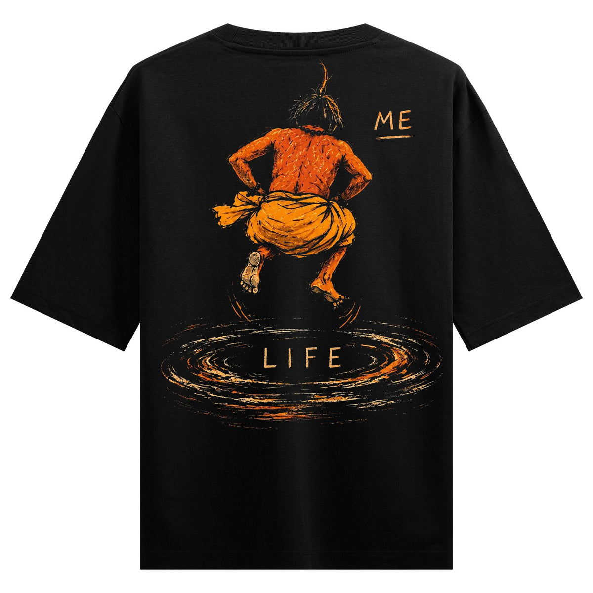 Life's Leap Oversized T-Shirt — a stylized figure in a deep squat is depicted mid-air above concentric orange