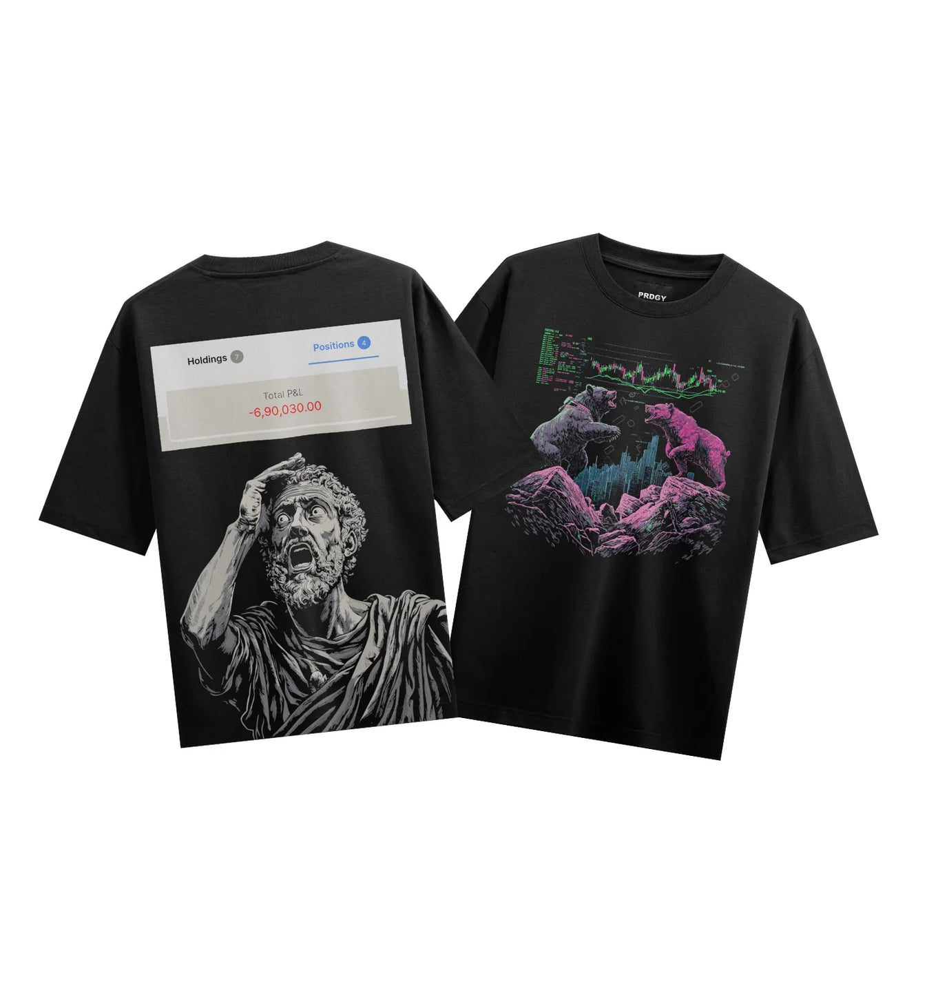 Holdings 7 Positions 4 Total P&L 6 90 030 00 artwork on PRDGY oversized t-shirt