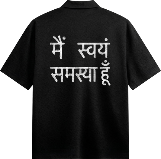 White Hindi text is printed on the back of a black t-shirt with the phrase I myself am the problem prominently displayed o...