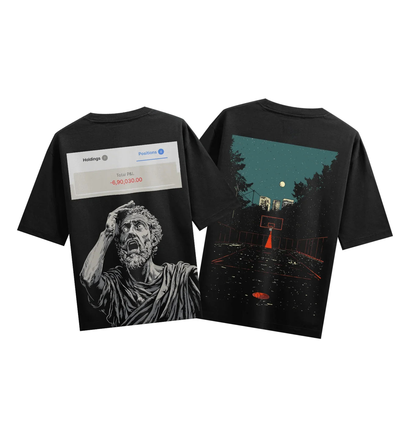 Holdings Positions 4 Total P&L 6 90 030 00 artwork on PRDGY oversized t-shirt