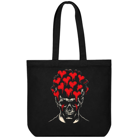 A black t-shirt featuring a detailed skull with red eyes and a cluster of dripping red hearts forming a crown on its head...