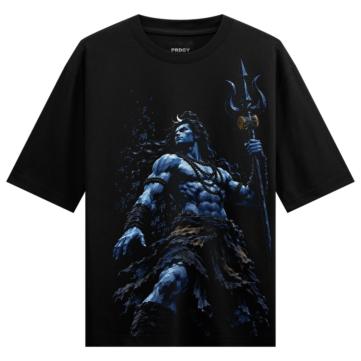 Blue Shiva Oversized T-Shirt — a muscular, blue-skinned Lord Shiva stands holding a trident, with a crescent moon