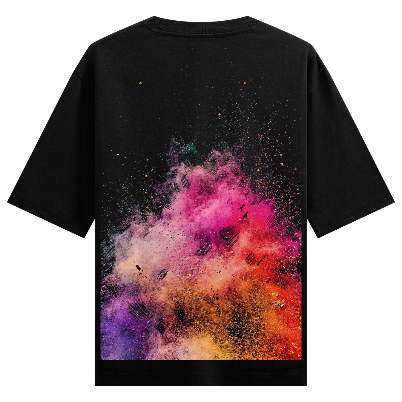 Cosmic Holi Burst Oversized T-Shirt by PRDGY — vibrant color explosion on black backdrop, streetwear design.