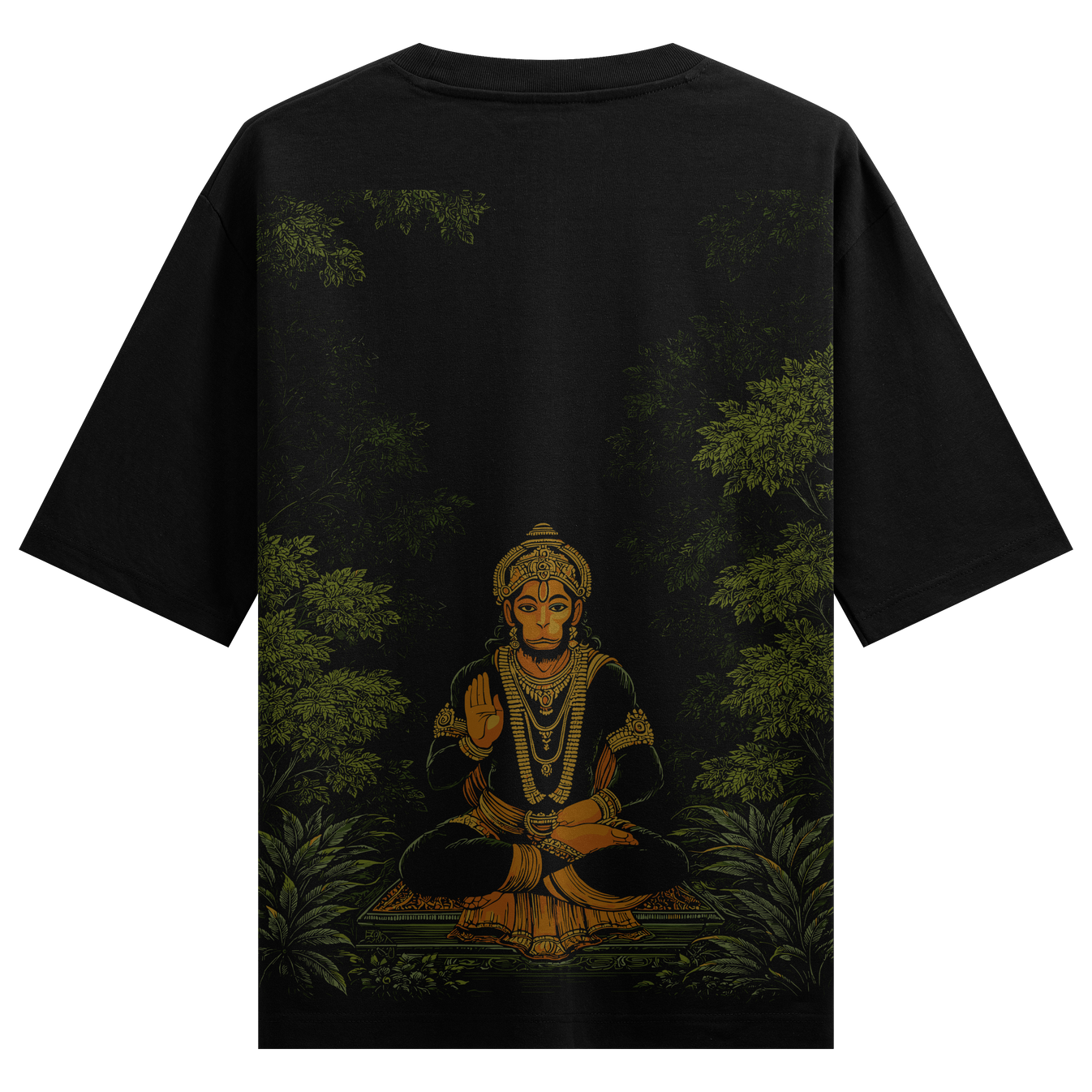 Hanuman Meditation Oversized T-Shirt by PRDGY — intricate gold Hanuman graphic with forest backdrop, spiritual design