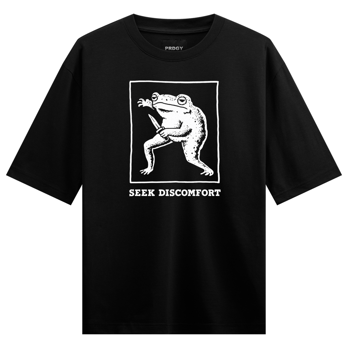 Discomforting Oversized T-Shirt by PRDGY — black and white illustration of a frog with a knife, spiritual design