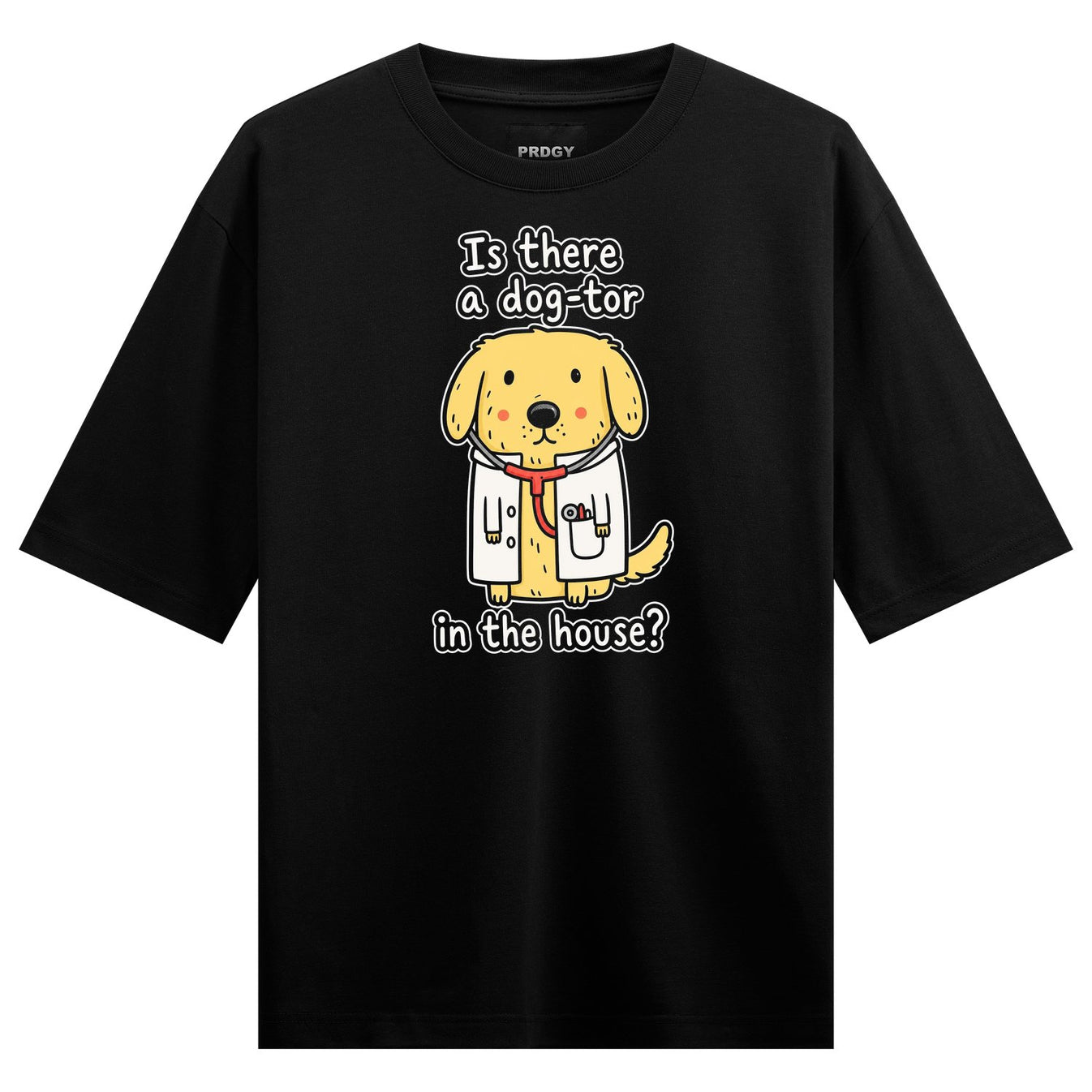 A yellow cartoon dog wearing a white lab coat and red tie with a stethoscope around its neck set against a black t-shirt b...
