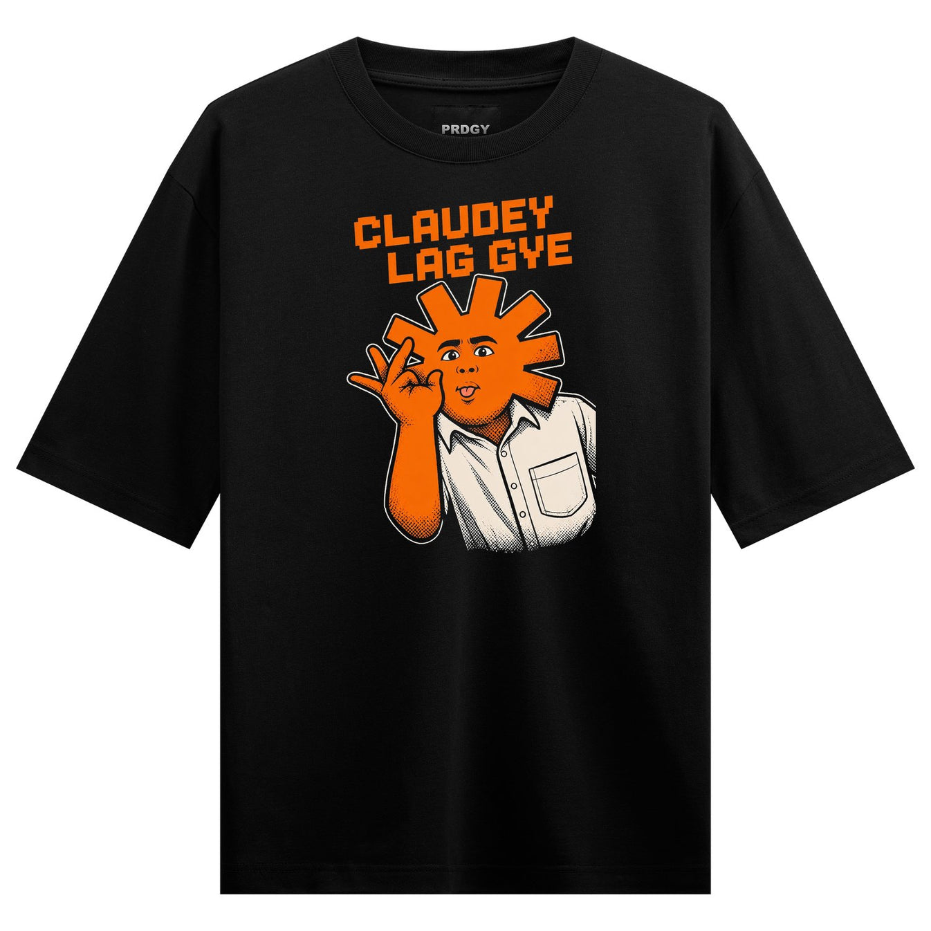 UNABLE 5 Oversized T-Shirt by PRDGY — black t-shirt with a sun-headed character in a collared shirt making a peace sign,