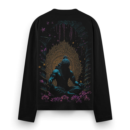 Meditative Back Full Sleeve T-Shirt by PRDGY — intricate mandala with meditating Shiva, spiritual design