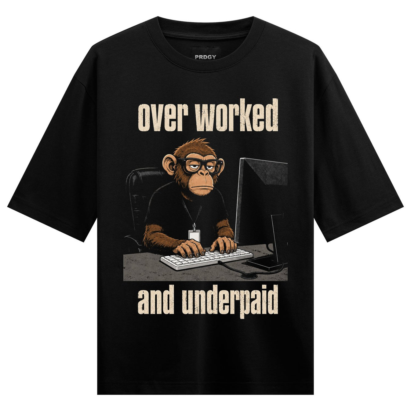 A cartoon chimpanzee with glasses sits at a desk typing on a keyboard in front of a computer monitor with text above and b...
