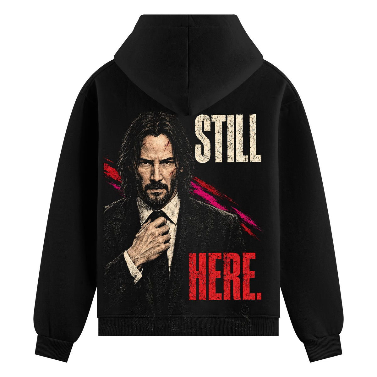 Still Here Oversized Hoodie — a man in suit with tie adjusting collar, blood splatter, red streaks, and bold text