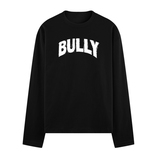 Black short-sleeve t-shirt with arched white distressed lettering spelling BULLY centered on the chest on PRDGY oversized...