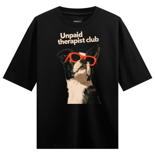 Therapist Dog Oversized T-Shirt — Black and white dog illustration wearing red glasses with white text reading 'Unpaid
