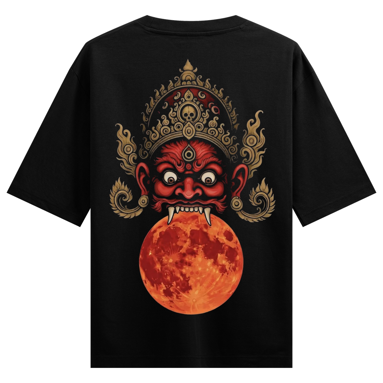 Shanidev Oversized T-Shirt by PRDGY — a menacing deity with sharp fangs consuming the blood moon, mahadev design