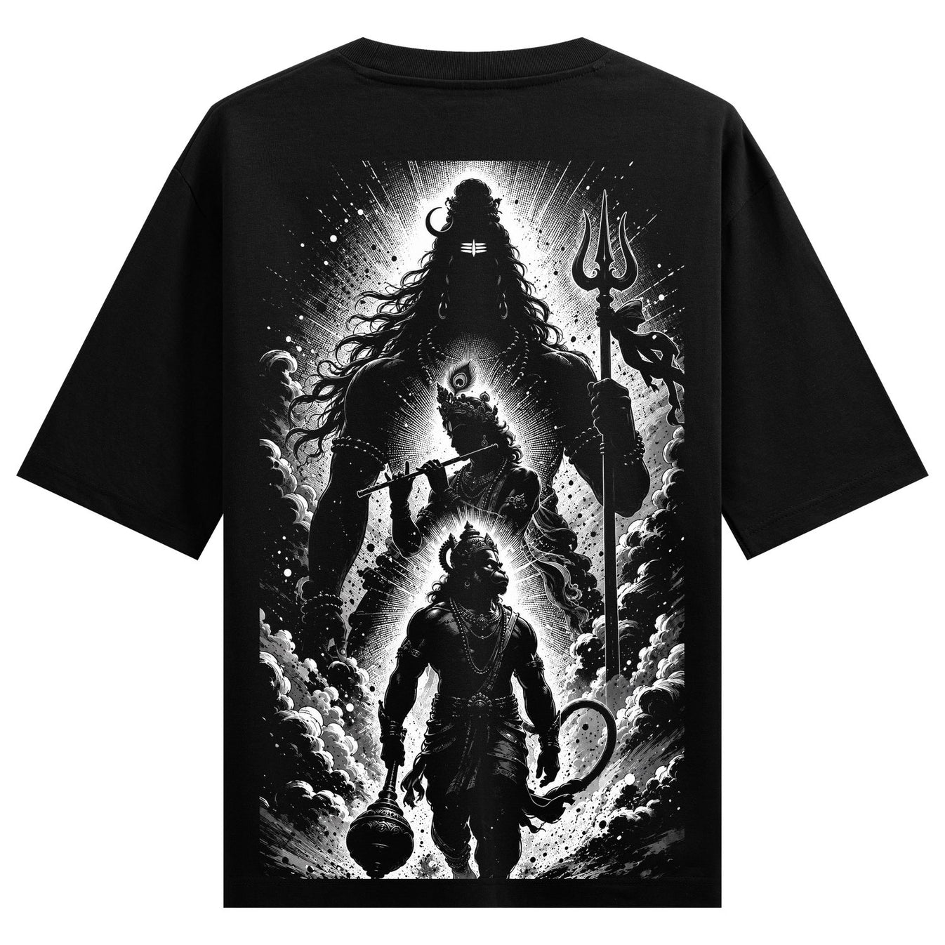 A monochromatic back print on a black t-shirt features a towering Shiva a central Krishna playing a flute and a foreground...