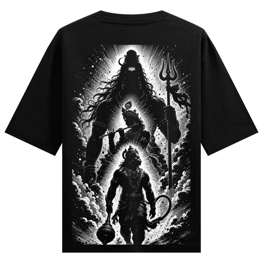 A monochromatic back print on a black t-shirt features a towering Shiva a central Krishna playing a flute and a foreground...