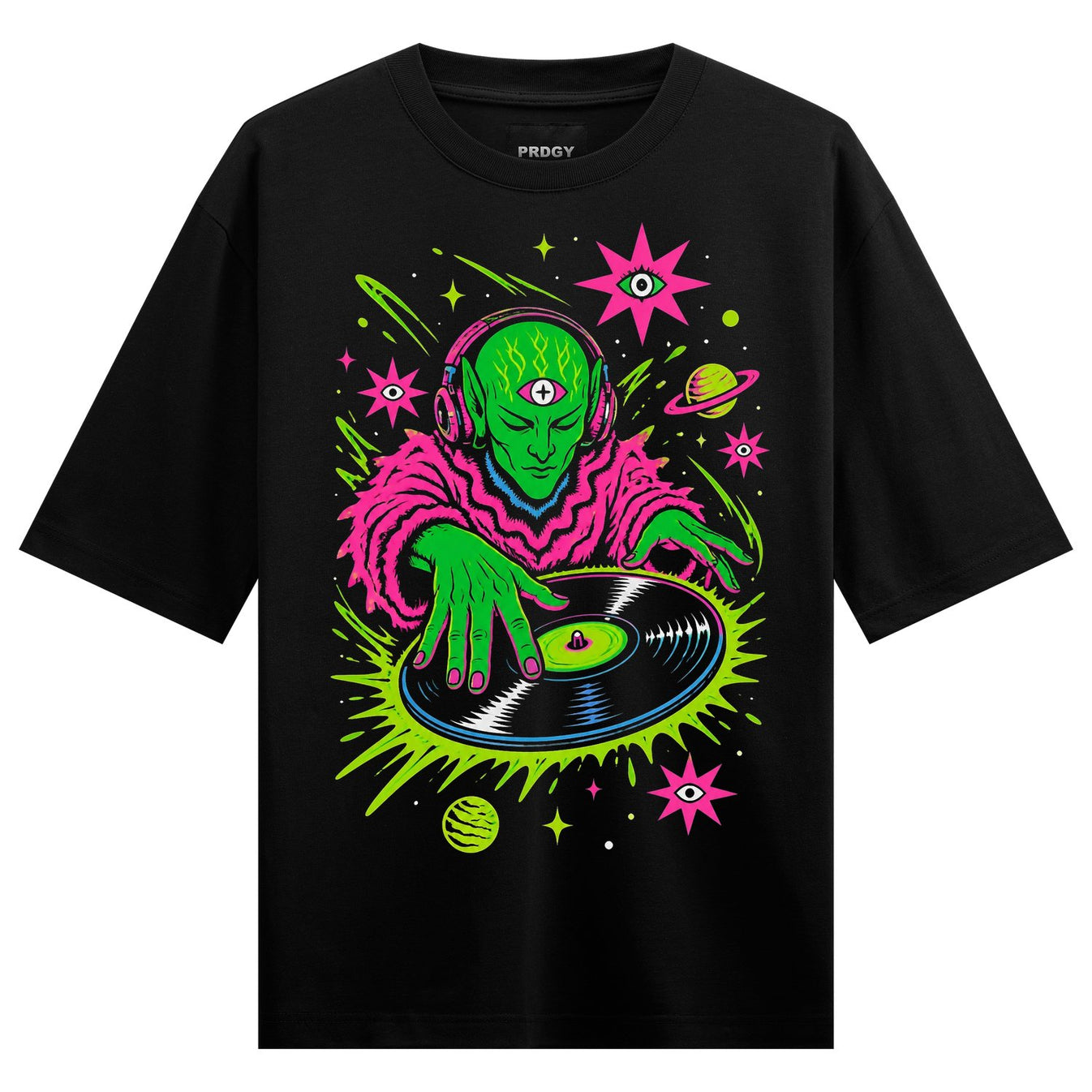 A green alien wearing pink headphones and a fluffy pink robe is DJing a vinyl record with neon green and yellow cosmic ele...