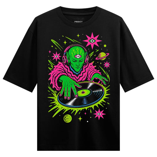 A green alien wearing pink headphones and a fluffy pink robe is DJing a vinyl record with neon green and yellow cosmic ele...