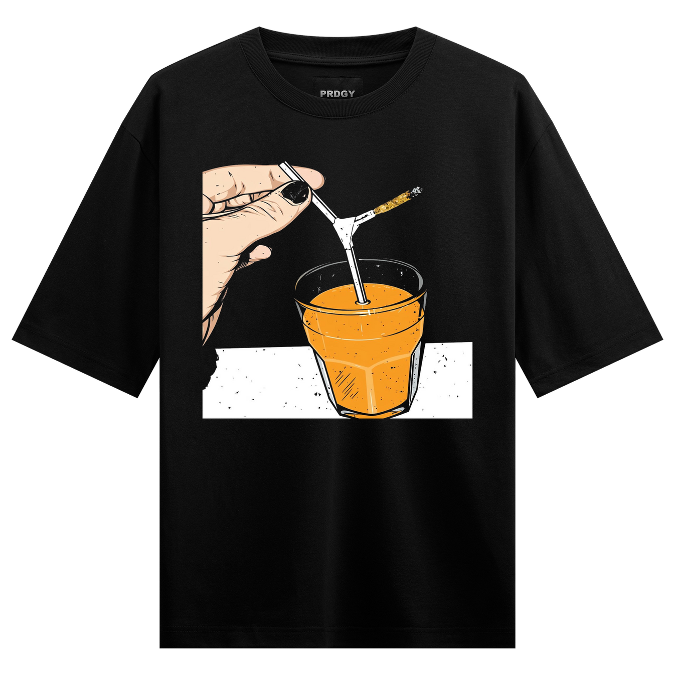 Jugadmental T-Shirt by PRDGY — hand holding a straw with a lit cigarette in an orange drink, edgy design