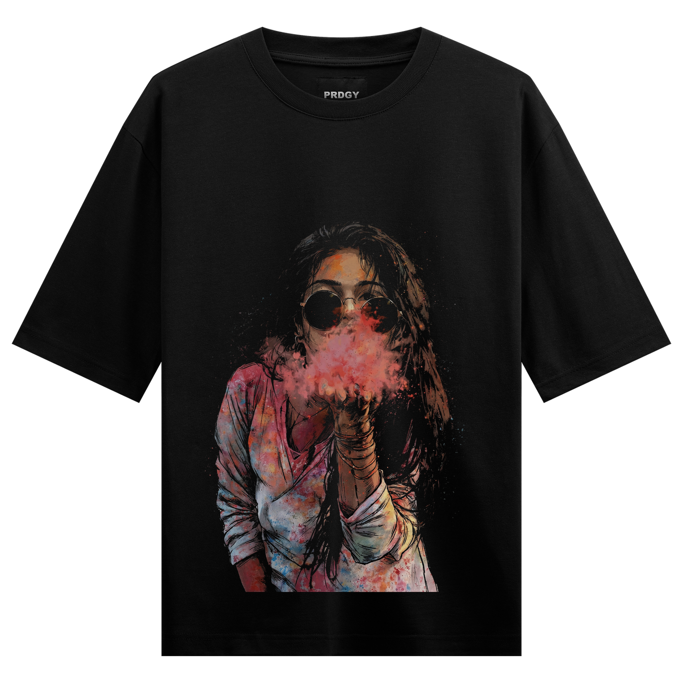 Color Blow Oversized T-Shirt by PRDGY — girl blowing colorful dust against a dark backdrop, art design
