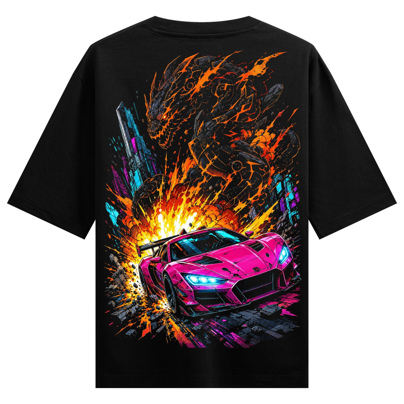 A bright pink sports car bursts forward amidst explosions and flames with a dark fiery dragon looming above a neon-lit cit...
